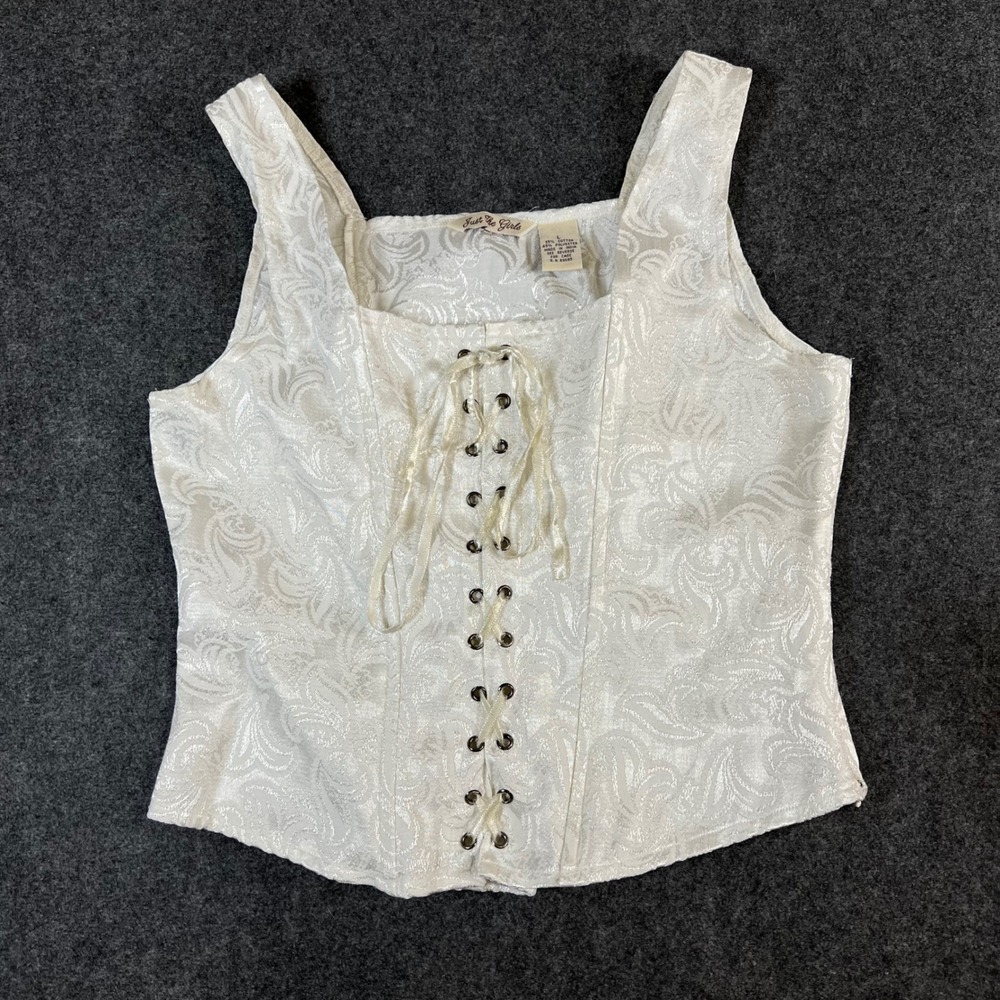 Just The Girls Ivory Jacquard Corset Top Lace Up Damask Sleeveless Bodice Large